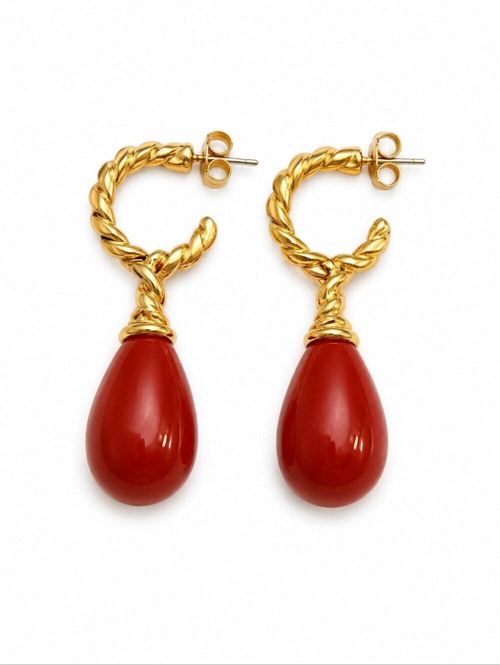 MONET 1990s Elegant Gold and Tomato Red Teardrop Hoop Post Earrings